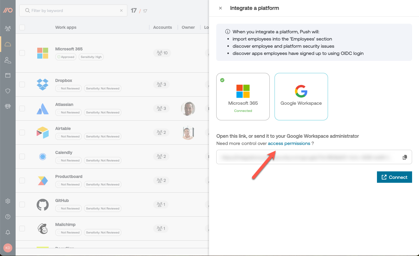 Integration access permissions menu - docs - Add employees