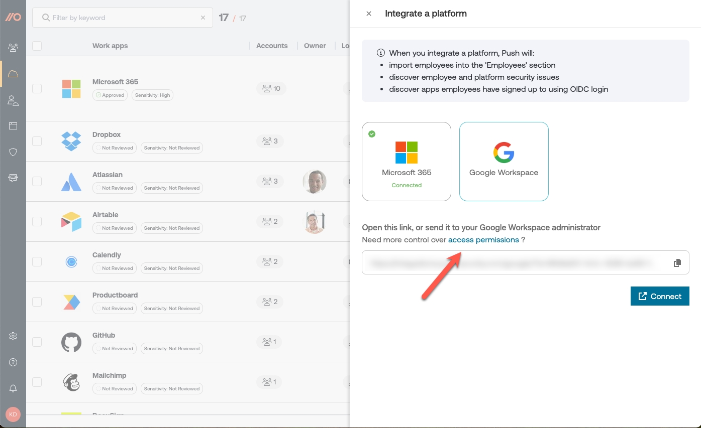Integration access permissions menu - docs - Add employees