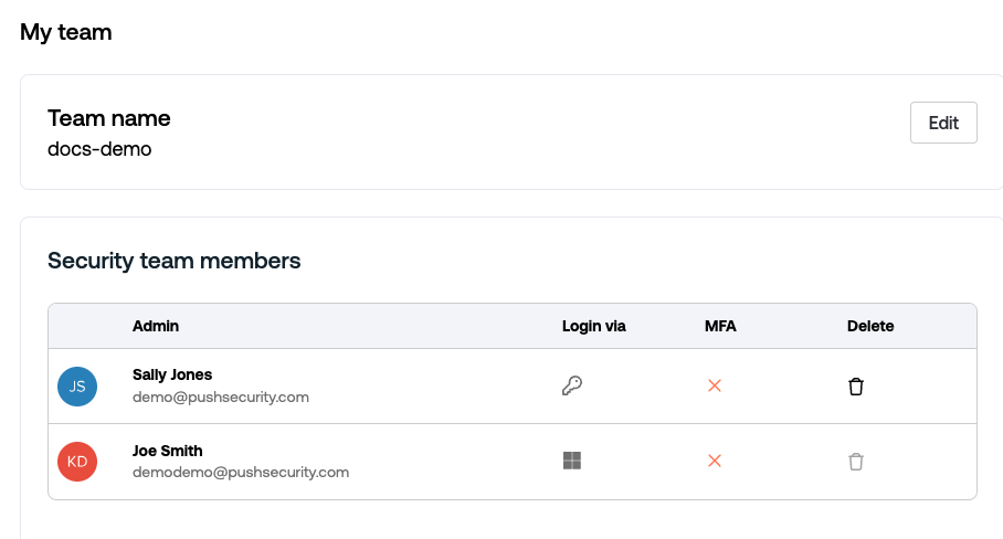 My team - Settings - docs - Administering Push